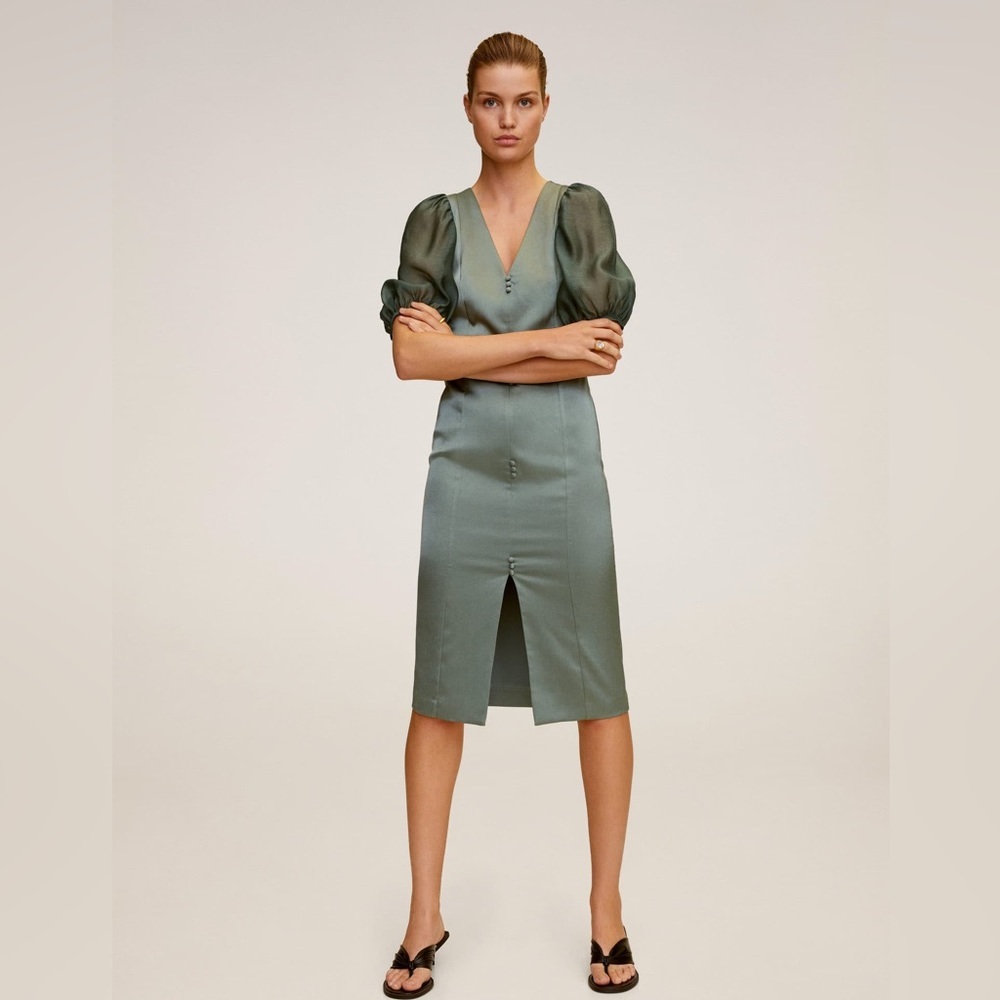 MNG Puffed Sleeves Green Satin Chiffon Midi Dress Sz 2